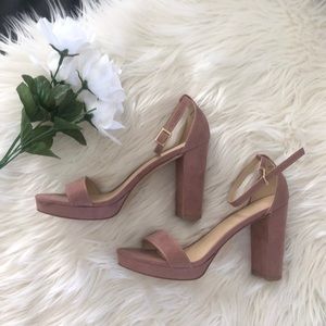 Pink suede open toe heels